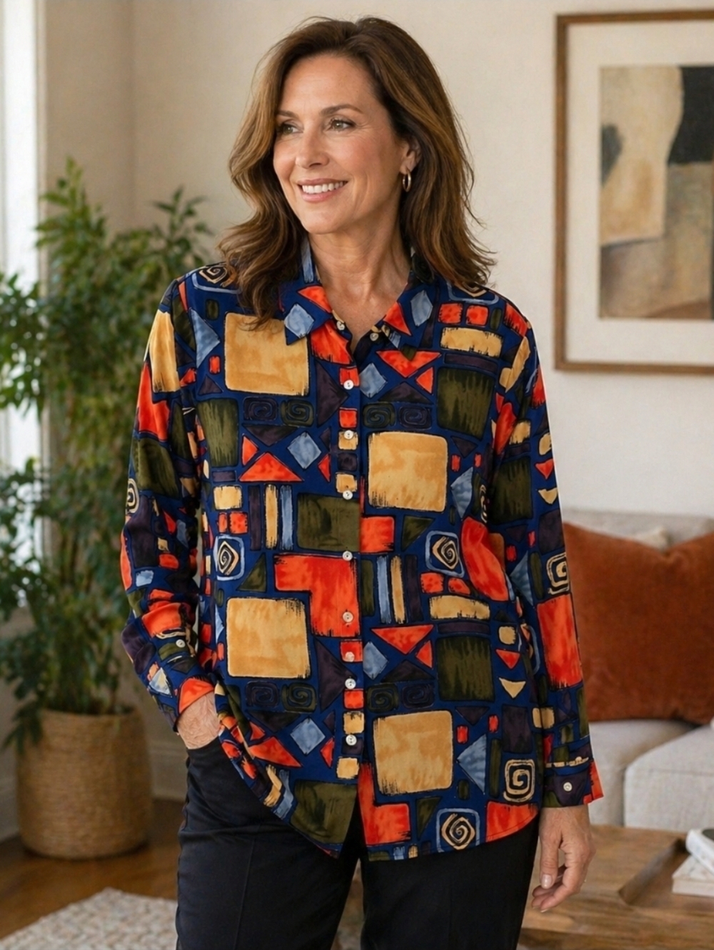 Vintage Blouses.com Abstract Geometric Button Front Blouse Size 18 Colorful Retr